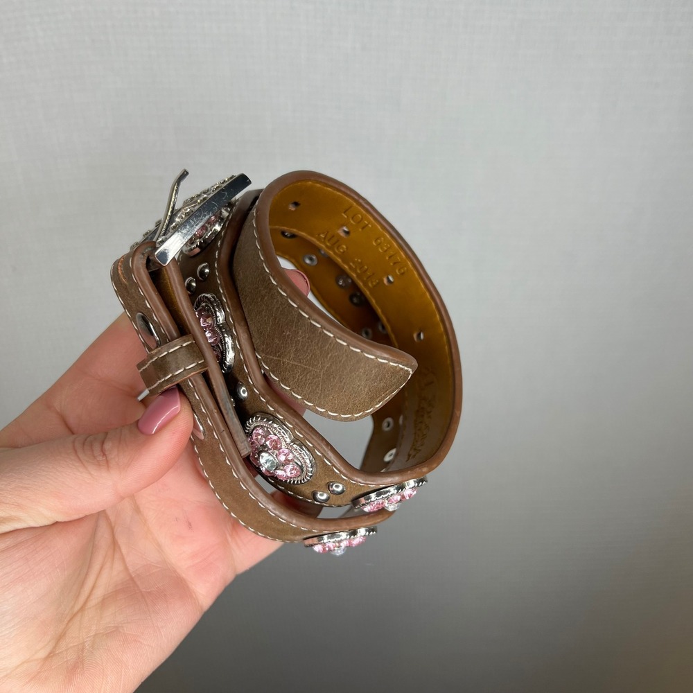 Nocona‎ Kids Brown Leather Rhinestone Heart Conch Western Belt N4427044 Size 22 - Picture 2 of 8